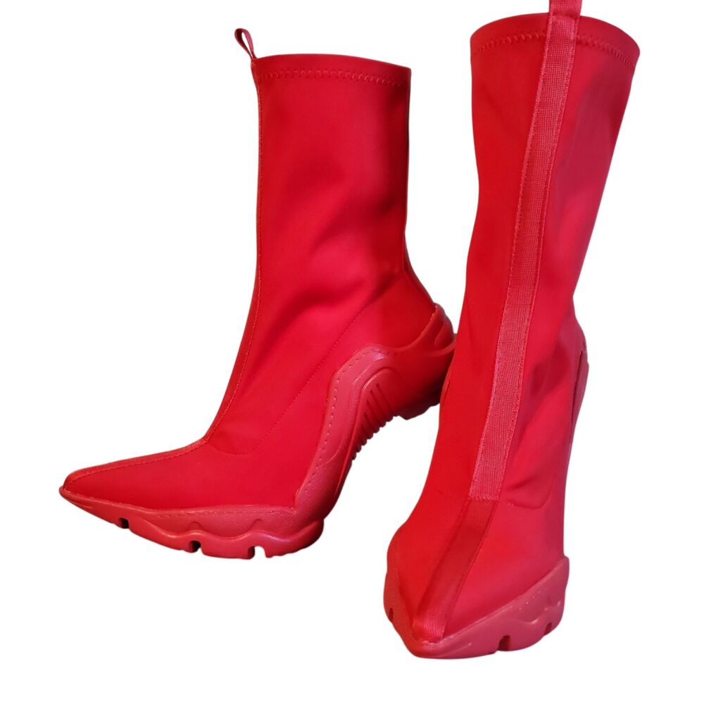 Vibrant Red Pointed Toe Stiletto Heel Mid-Calf Boots Size 8 Avant-Garde Chic
